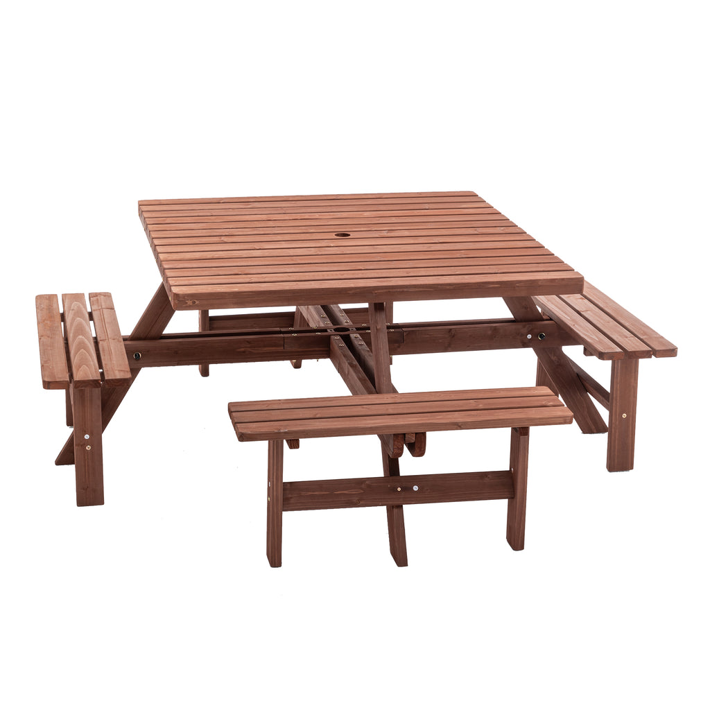 8 Person Brown Wooden Picnic Table, Outdoor Camping Dining Table with 2 Seats, Garden, DIY with 2 Built-in Benches, 2220lb Capacity