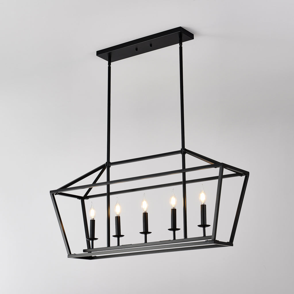 5-Light Farmhouse Kitchen Island Lighting,5 Light Industrial Linear Chandelier for Dining Room Metal Matte Black Finish Hanging Pendant Light Fixture for Bedroom Living Room Hallway Conference Room