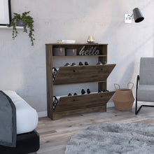 Load image into Gallery viewer, Calgary Shoe Rack, Superior Top, One Open Shelf, Two Extendable Shelves -Dark Brown