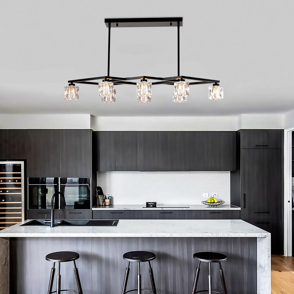 Matte Black Crystal  Chandelier for Dining Room, 8-Light Kitchen Chandelier Light Fixture Modern Metal Industrial  Chandeliers for Farmhouse Entryway Living Room (8*G9 Bulbs Included)
