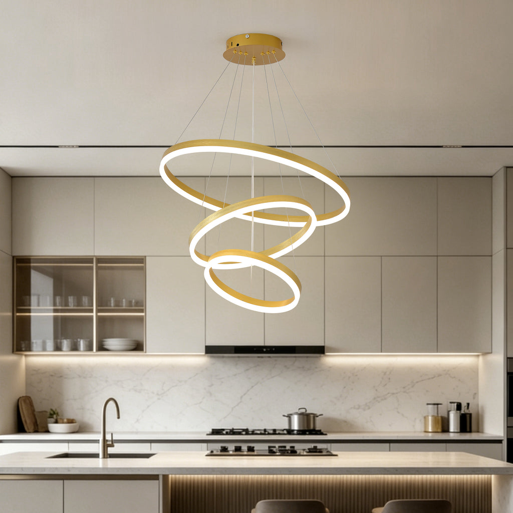 Modern Gold Led Chandelier 3 Rings Gold Dimmable  LED Chandeliers Light Fixture for Kitchen Island Height Adjustable Chandelier Led Pendant Light for Dining Room Bedroom Living Room