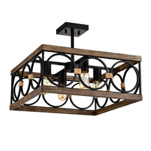Load image into Gallery viewer, 4-Light Square Kitchen Island Lights Ceiling Light Farmhouse Dining Room Light Fixture, Wood and Black Metal Rectangular Ceiling Light, Ceiling Lighting for Living Room,Conference Room, Home Office