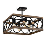 4-Light Square Kitchen Island Lights Ceiling Light Farmhouse Dining Room Light Fixture, Wood and Black Metal Rectangular Ceiling Light, Ceiling Lighting for Living Room,Conference Room, Home Office
