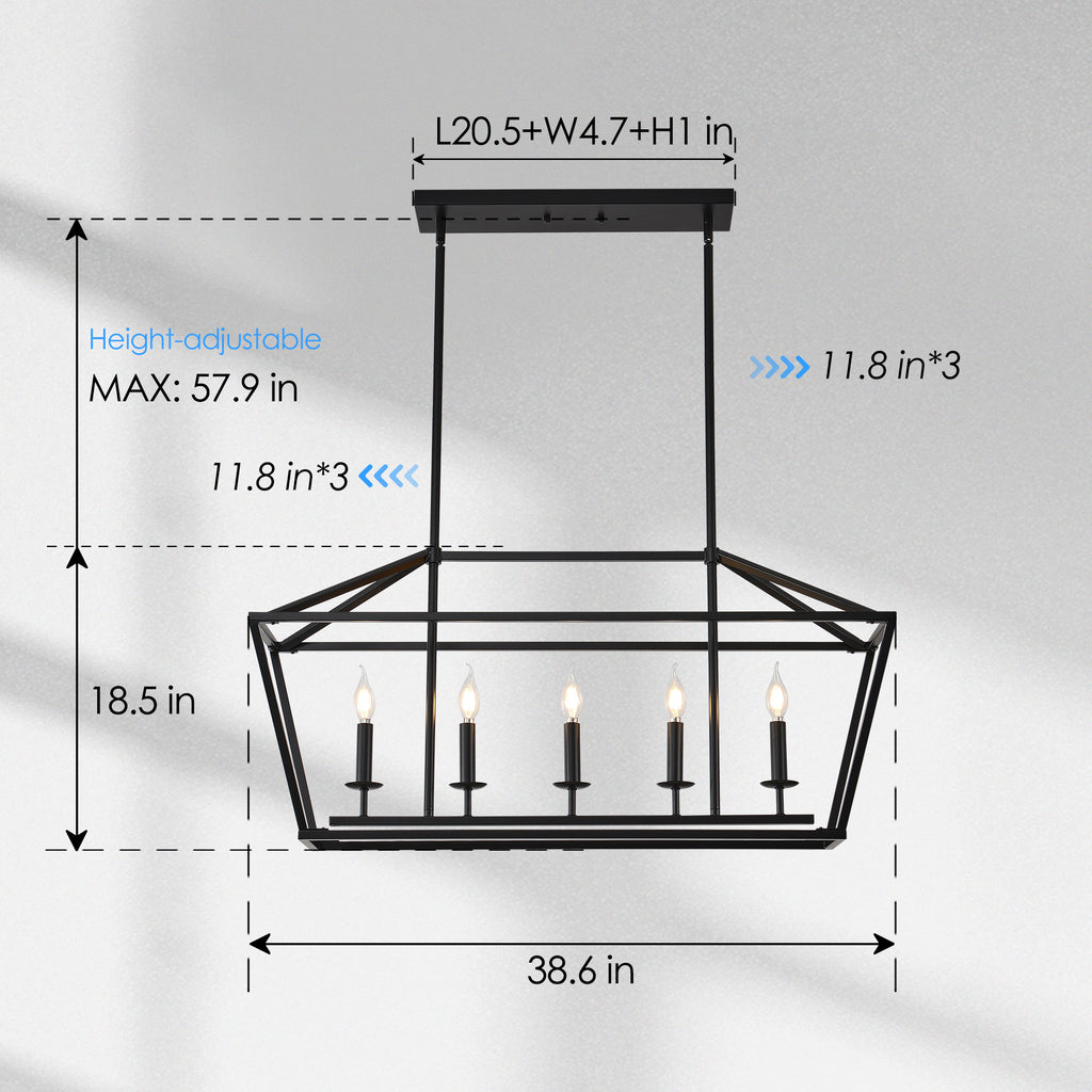 5-Light Farmhouse Kitchen Island Lighting,5 Light Industrial Linear Chandelier for Dining Room Metal Matte Black Finish Hanging Pendant Light Fixture for Bedroom Living Room Hallway Conference Room