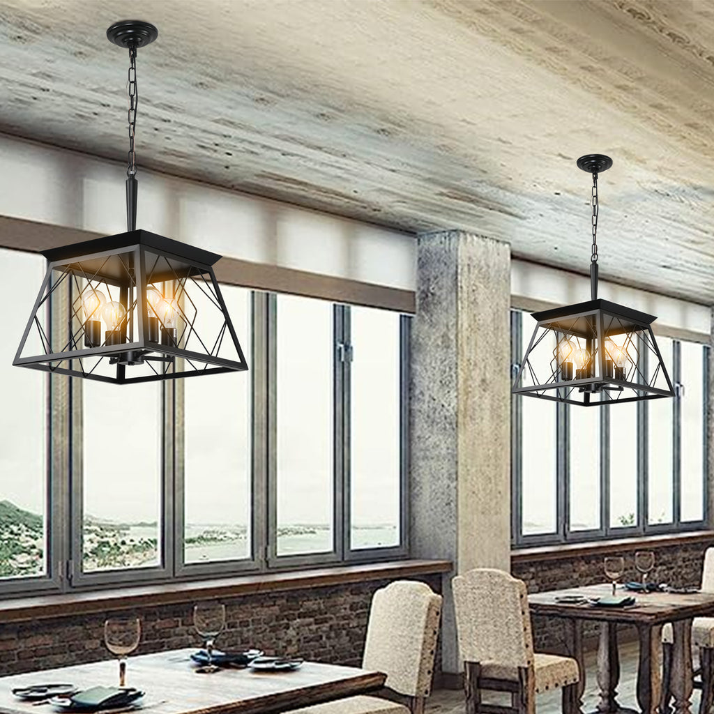 16" Black Industrial 4-Light Pendant Chandelier, Modern Metal Cage Design, Adjustable Hanging Light for Dining Room, Kitchen, Living Room (No Bulbs)