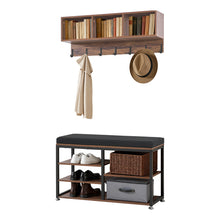 Load image into Gallery viewer, Coat Rack with Shoe Bench, 3-in-1 Shoe Coat Rack Combo Set with Hooks and Bookshelf, Steel Frame Hall Tree Entrance Storage Organizer Holder for Entry, Bedroom, Closet, Office, Rustic Brown