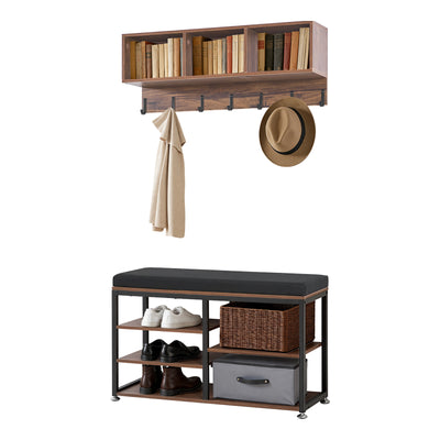 Coat Rack with Shoe Bench, 3-in-1 Shoe Coat Rack Combo Set with Hooks and Bookshelf, Steel Frame Hall Tree Entrance Storage Organizer Holder for Entry, Bedroom, Closet, Office, Rustic Brown