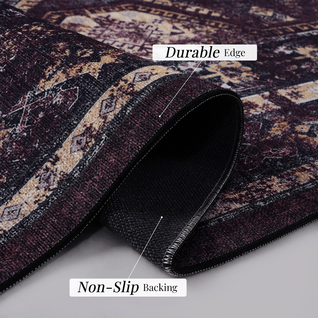MAVAL Black Washable Rug 2' x 3' Doormat Rug (Black+Burgundy, 2' x 3') Modern, Contemporary, Non-Shedding & Easy to Clean, Ideal for Living Room, Bedroom, Dining Space, 36*24 inch