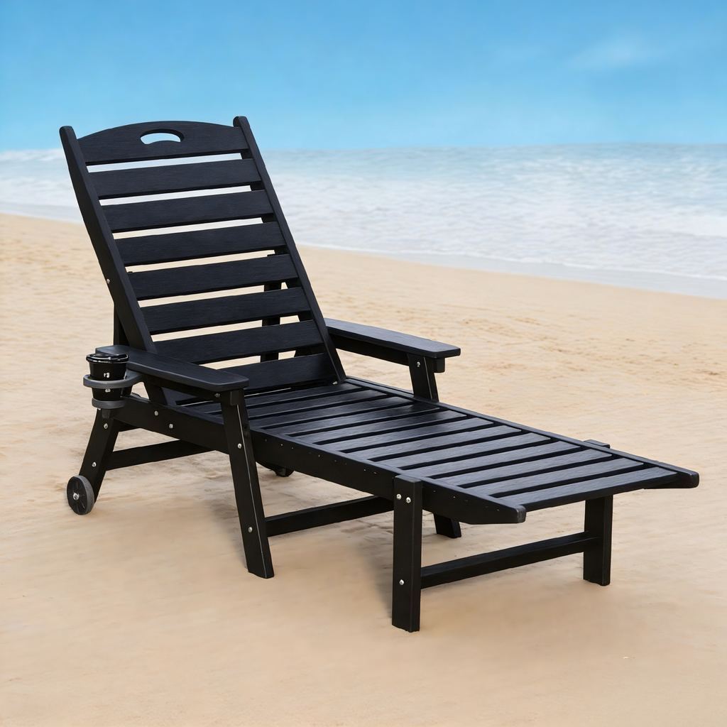 HDPE Chaise Lounge Chair Outdoor, Pool Lounge Chairs with 4-Position Adjustable Backrest, Supports Up to 360 LBS for Patio Poolside Deck Beach Backyard (black)