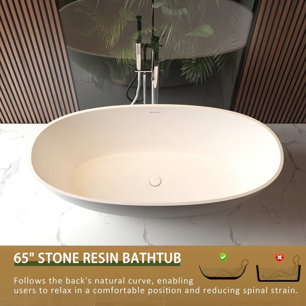 65" Freestanding Solid Surface Bathtub, Luxury Handcrafted Stone Resin Freestanding Soaking Bathtub with Overflow and Pop-up Drain, Matte White 24S06-65MW