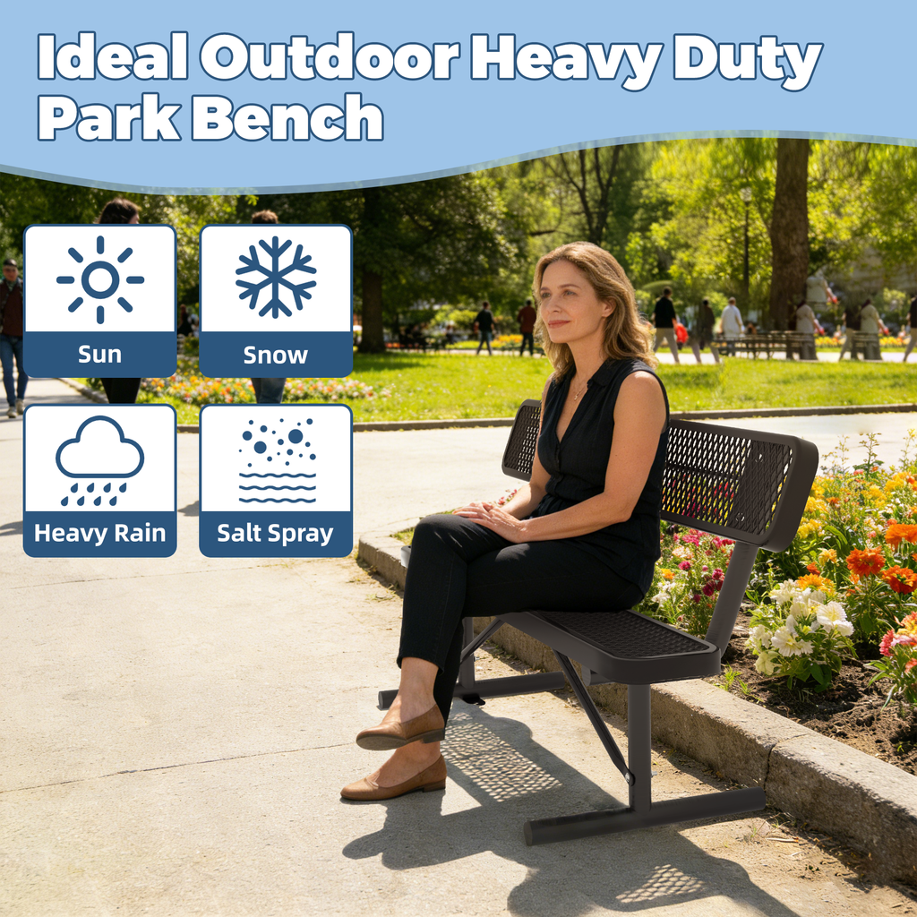 4FT Heavy-Duty Outdoor Metal Park Bench with Backrest, All-Weather Steel Portable Seating, Rust-Proof Commercial Bench for Garden, Patio, Yard, Deck, Parks & Shopping Malls