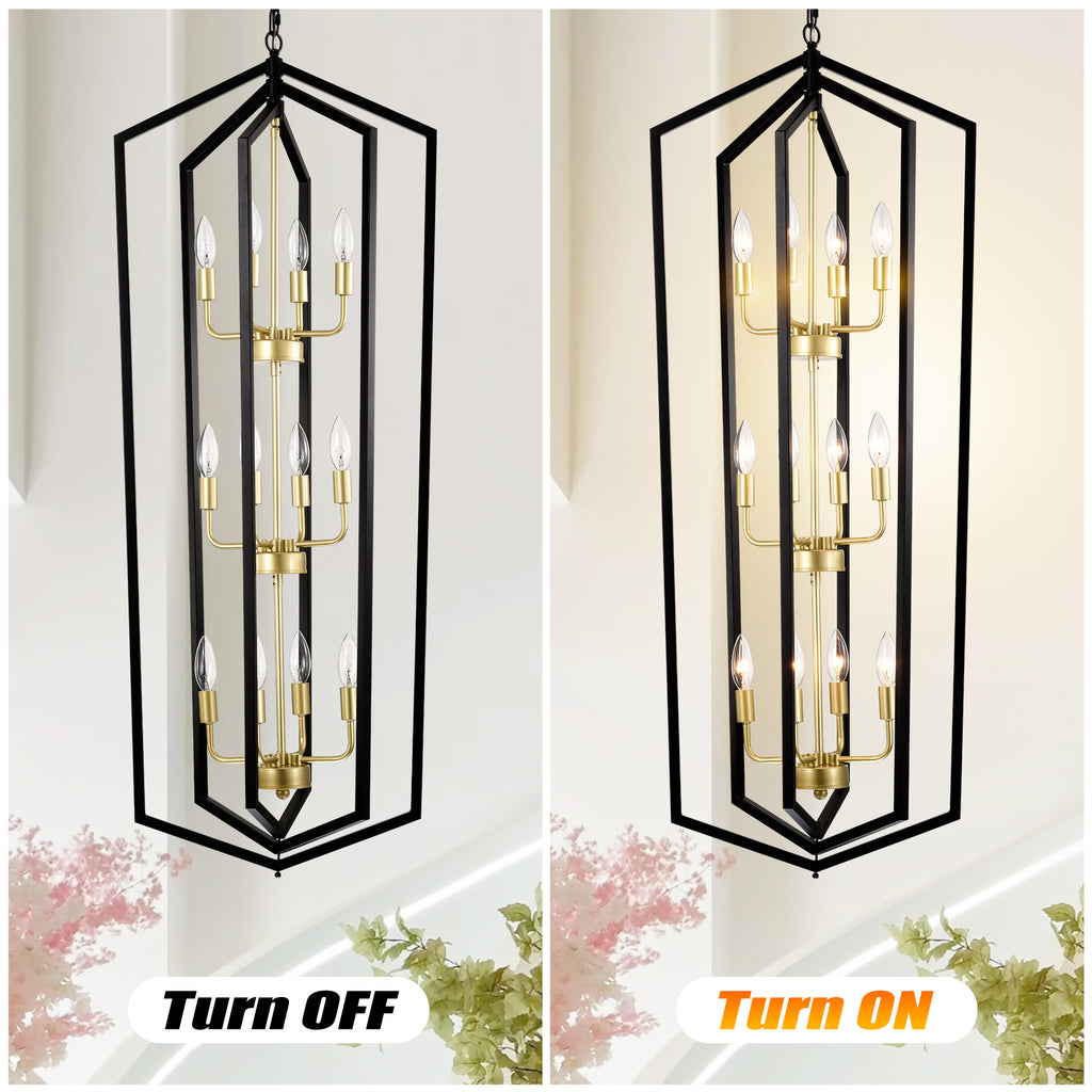 12-Light Lantern Tired Farmhouse Ceiling Hanging Light Black Chandelier Metal Modern Pendant Light Fixtures for Kitchen Island Dining Room Living Room Foyer Entryway(E12 Bulbs Not Included)