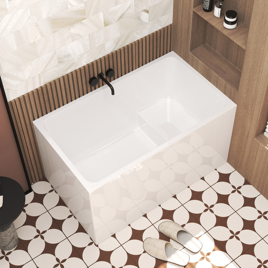 47" Acrylic Freestanding Bathtub with seat: Spacious rectangle Shape, Gloss White Finish,Invisible Overflow & Chrome Pop-Up Drain Cupc Certificate
