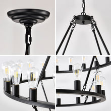 Load image into Gallery viewer, 52 Inch Black Extra Large Wagon Wheel Chandelier, 2 Tier 36-Lights (24+12) +(12+24) Farmhouse Industrial Round High Ceiling Pendant Light Adjustable Chain, for Dining Room, Living Room,Kitchen