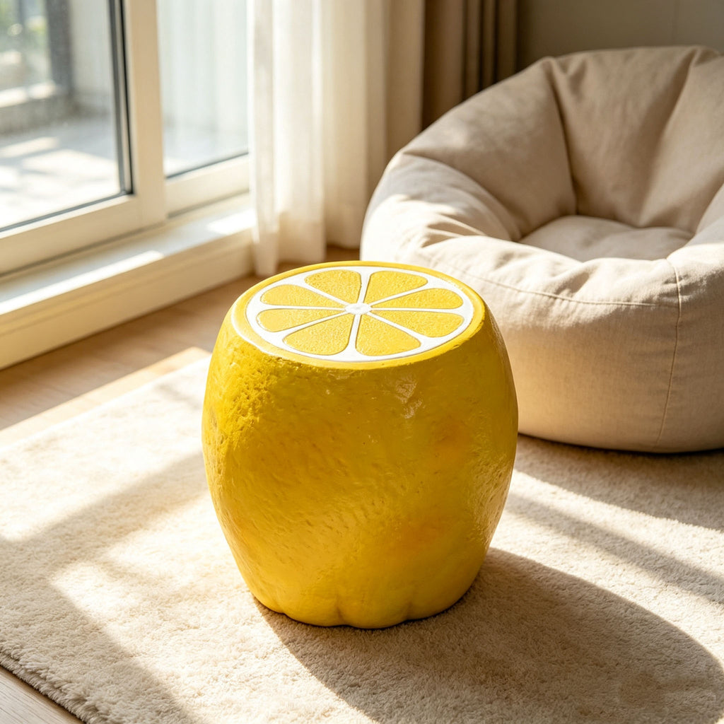 Yellow Lemon Fruit Stool, 14"Oversized Resin Stool, Side Table, Home Decor Plant Stand Garden Indoor Outdoor Decorations, Multi-Purpose Innovative Garden Furniture