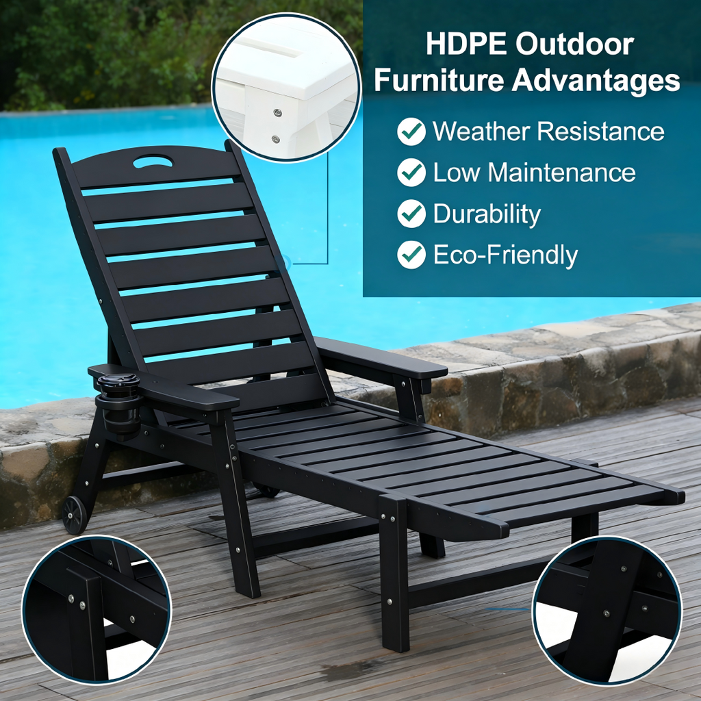 HDPE Chaise Lounge Chair Outdoor, Pool Lounge Chairs with 4-Position Adjustable Backrest, Supports Up to 360 LBS for Patio Poolside Deck Beach Backyard (black)