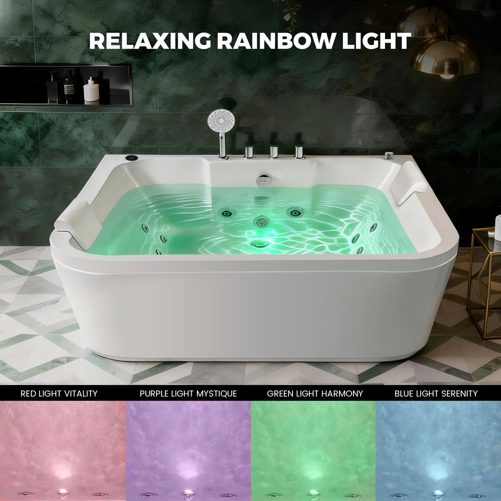 KORRA 61 Inch Acrylic Whirlpool Massage Bathtub for 2 Person 16 Water Jets LED Lights Heater for Jacuzzi Spa Massage