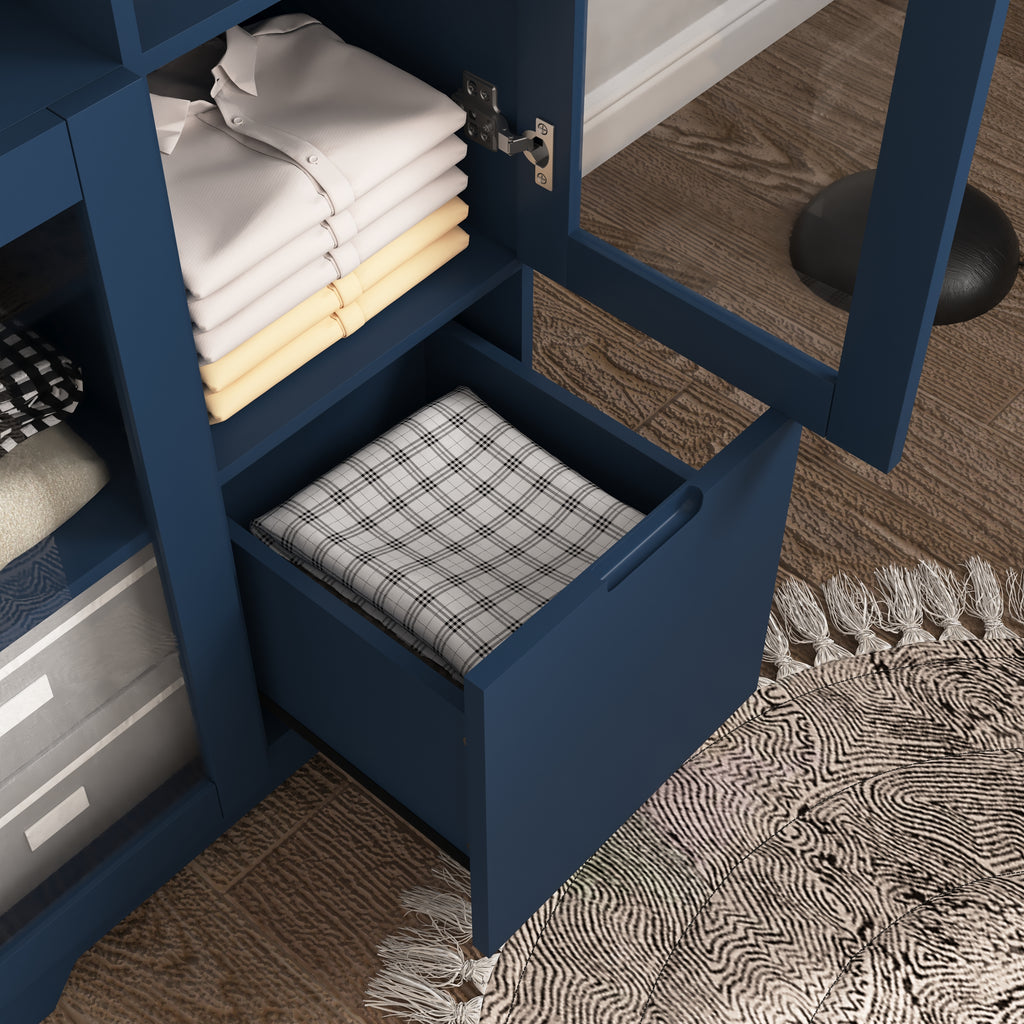 MDF painted Cabinet with Glass Doors and drawer, open storage space, Navy Blue, Bedroom, Living room
