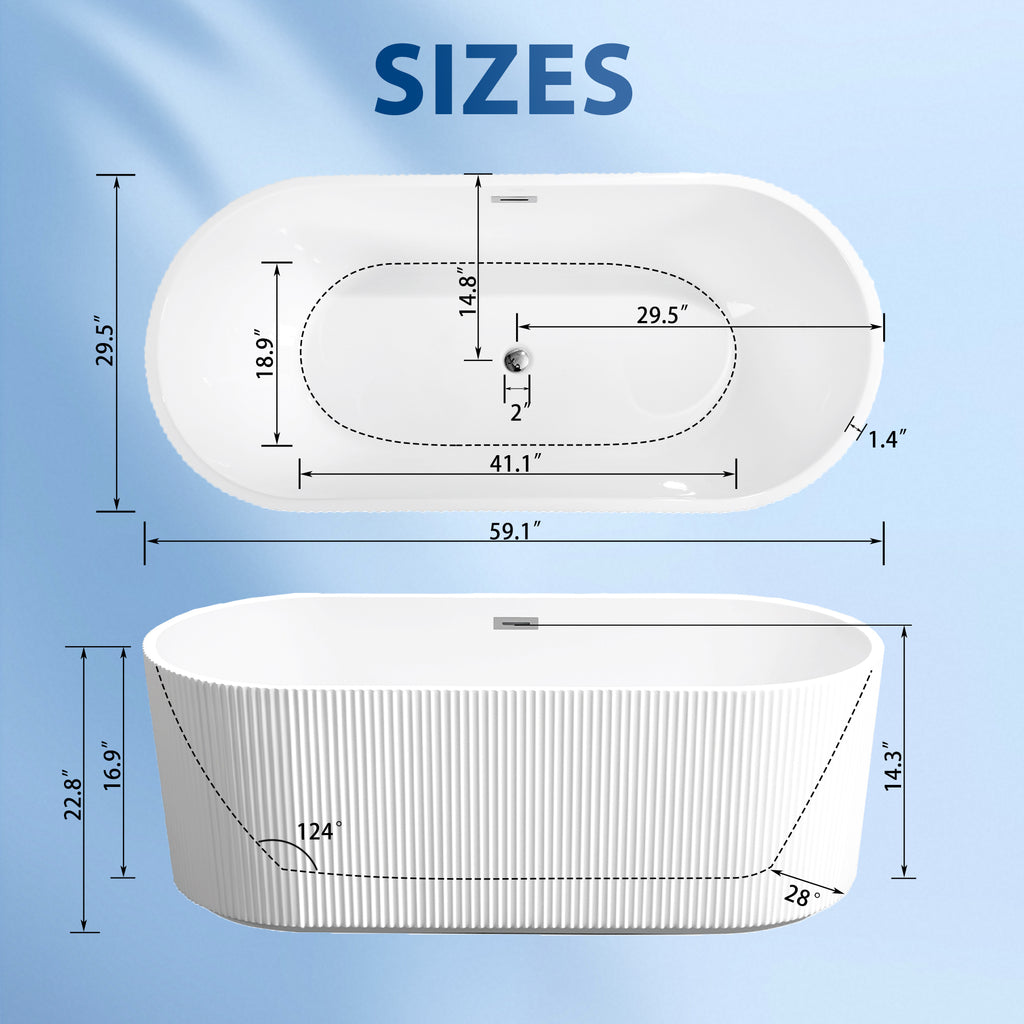 59"Linear AcrylicFreestanding Bathtub Stand Alone Soaker Tub, Glossy White Acrylic, POP-UP Chrome Drain, cUPC Certified