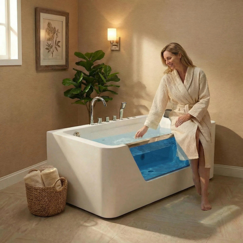 67" Whirlpool Bathtub ,Hydrotherapy Jetted Bathtub with Glass Panel, 7 Jets,3-Side Apron,89 Gallons,White