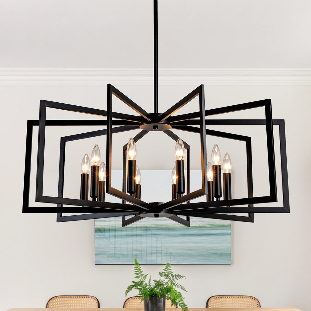 10-Light Metal Lantern Tiered Pendant Hanging Light Fixtures, Industrial Farmhouse Adjustable Height Chandeliers for Dining Room Hallway Foyer Entryway--Matte Black (E26 Bulbs Not Included)