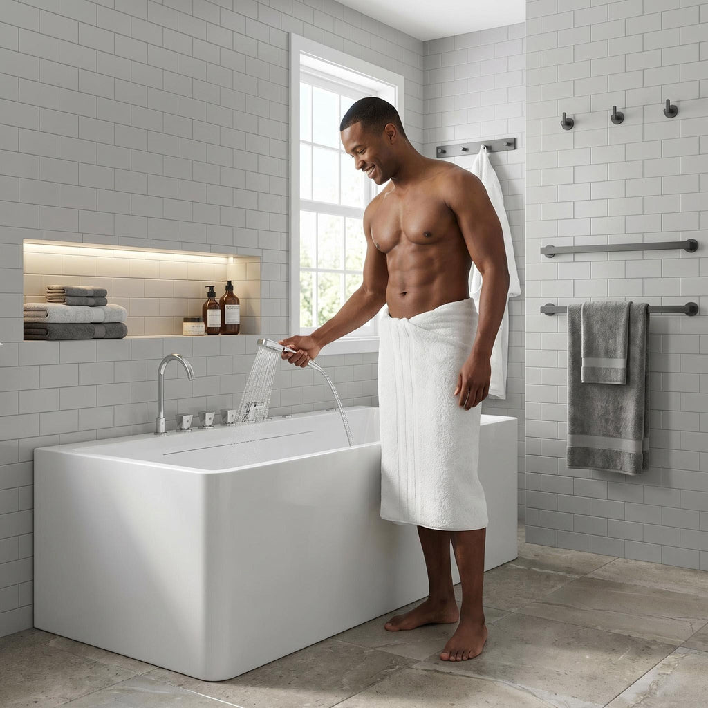 67-inch single-person luxury whirlpool bathtub, equipped with multiple sets of massage nozzles, featuring a dazzling light therapy atmosphere, and certified with precision craftsmanship accessories