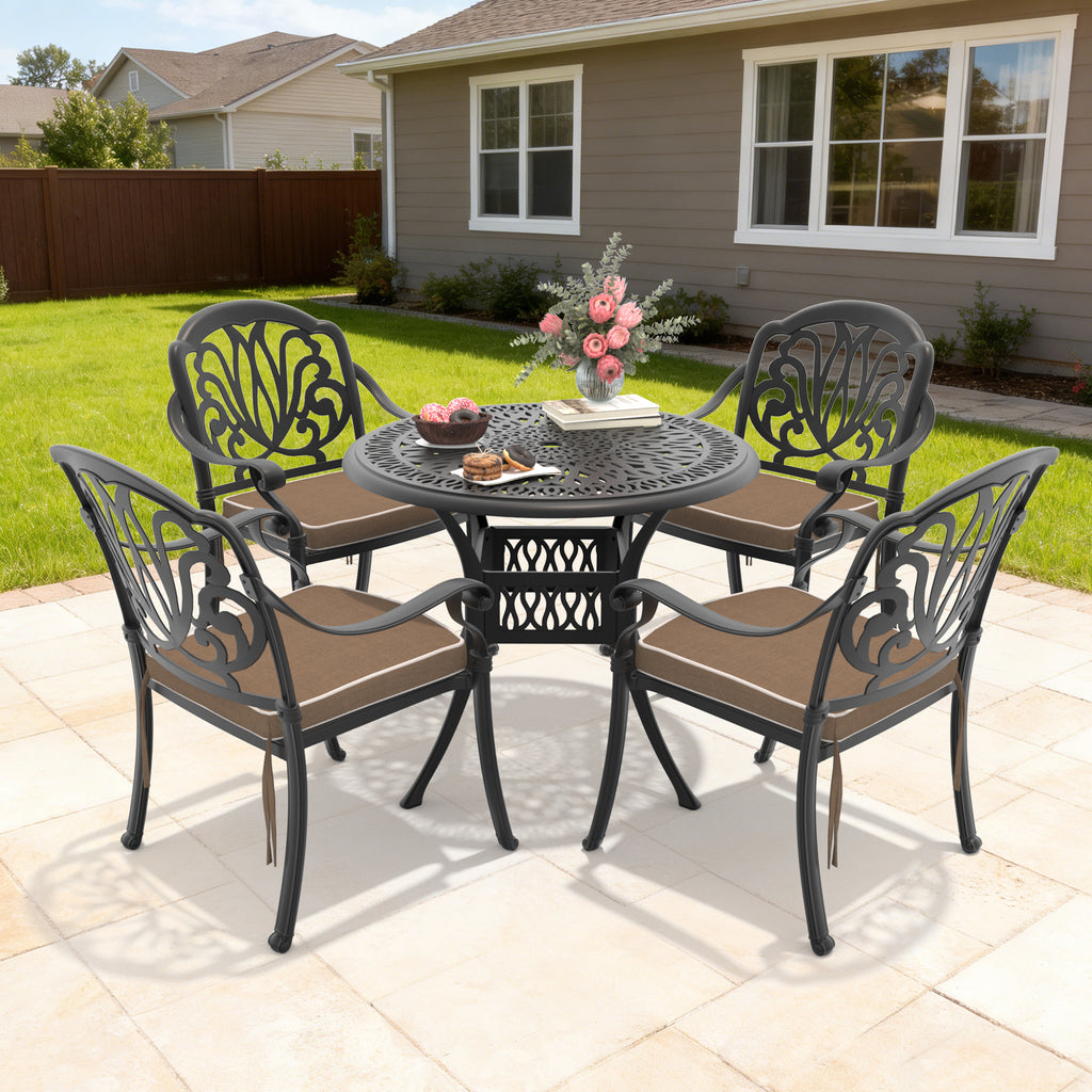 Ø35.43-inch Cast Aluminum Patio Dining Table With Black Frame and Umbrella Hole (same sku: W171084475,W1710P497717)