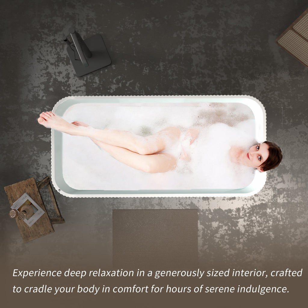 67" Rectangle Linear Acrylic Massage Whirlpool Bathtub Freestanding Bathtub Stand Alone Soaker Tub, Glossy White Acrylic, POP-UP Chrome Drain, cUPC Certified