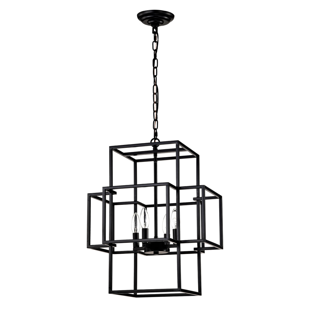 4-Light Metal Lantern Tiered Pendant Hanging Light Fixtures, Industrial Farmhouse Adjustable Height  Chandeliers for Dining Room Hallway Foyer Entryway--Matte Black & Gold (E12 Bulbs Not Included)