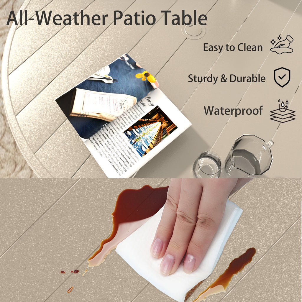 Outdoor Round Patio Dining Table for 6-7, All Weather Metal Dining Table with Umbrella Hole for Deck Lawn Garden Backyard, Sandstone Color