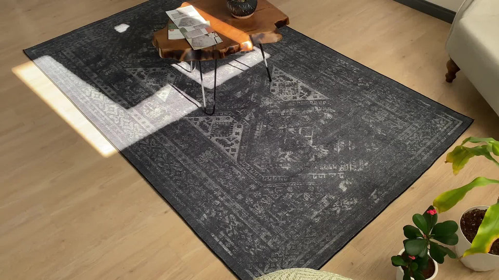 MAVAL Black Washable Rug 2' x 3' Doormat Rug (Black+Gray, 2' x 3') Modern, Contemporary, Non-Shedding & Easy to Clean, Ideal for Living Room, Bedroom, Dining Space, 36*24 inch