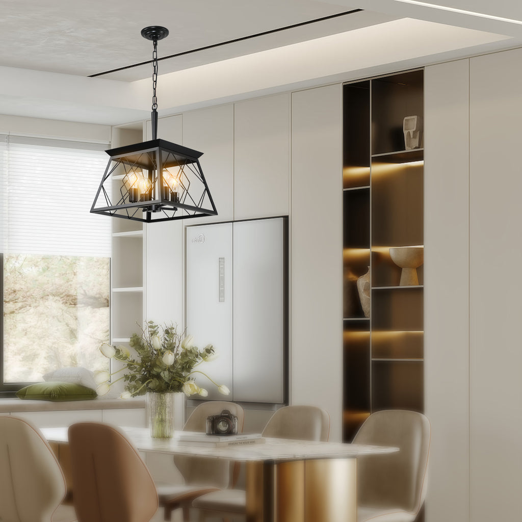 16" Black Industrial 4-Light Pendant Chandelier, Modern Metal Cage Design, Adjustable Hanging Light for Dining Room, Kitchen, Living Room (No Bulbs)
