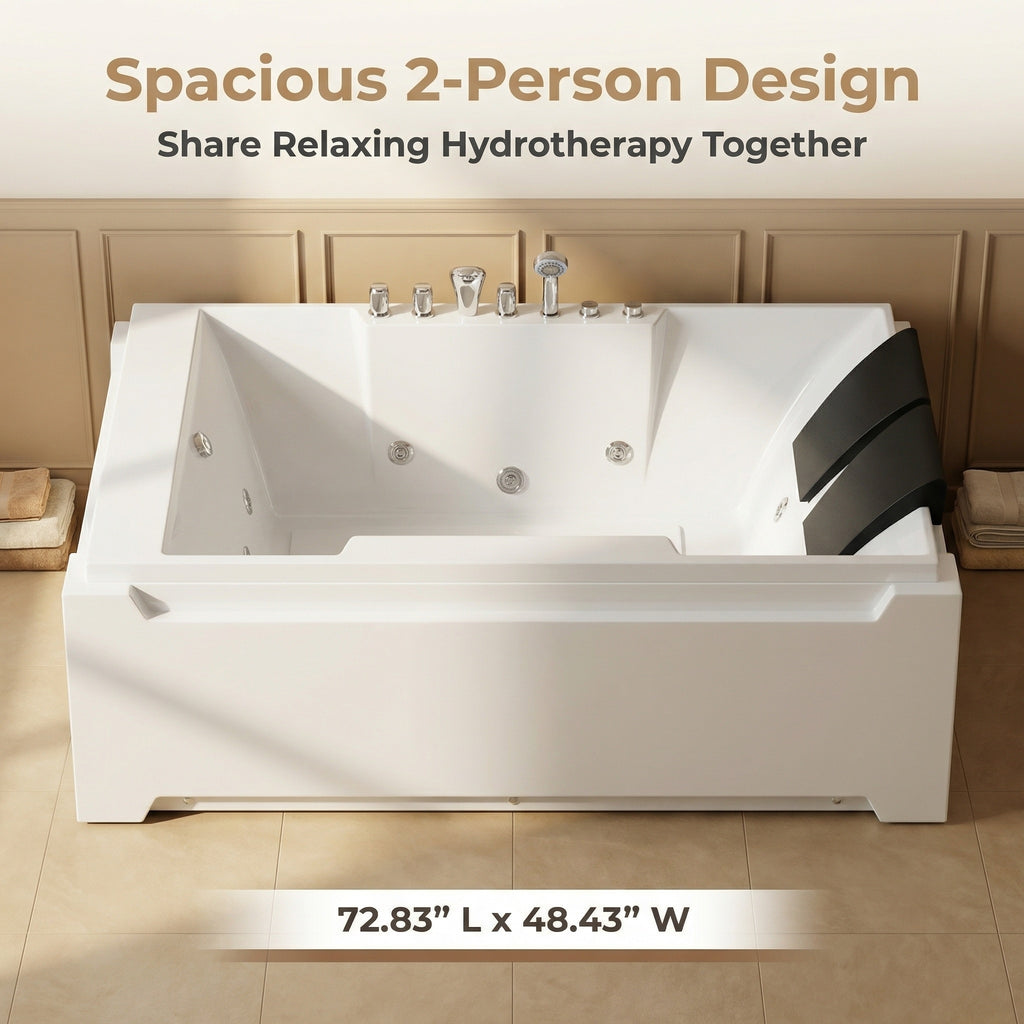 X-031 Whirlpool Tub,73" x 48" Jetted Bathtub for 2 Person, Hydro Massage & Chromatherapy,UL Certified,UPC Certified,3 Sided Apron,Acrylic ,110 Gallons,Left Drain