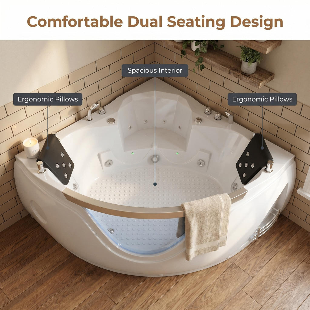 59" light luxury double corner whirlpool bathtub, 20 sets of multi-directional massage nozzles, chromotherapy healing atmosphere, brand-level certified accessories