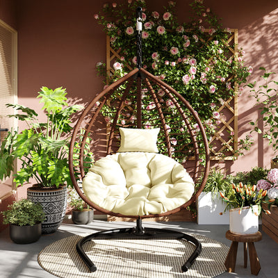 U_STYLE Indoor Outdoor Hanging Hammock Chair with Stand, Foldable Rattan Egg Swing Chair with Iron Frame and Plush Cushion & Removable Headrest,Suitable for Porch Garden,Balcony,Indoor
