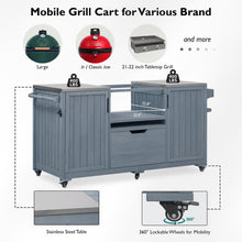 Load image into Gallery viewer, K&amp;K 66.5" Outdoor Kitchen Island for Big Green Egg Grills, Solid Wood Outdoor Grill Cart for Tabletop Grill with Stainless Steel Top, Drawer, Compatible with Large Big Green Egg, Kamado Joe- Grey Blue