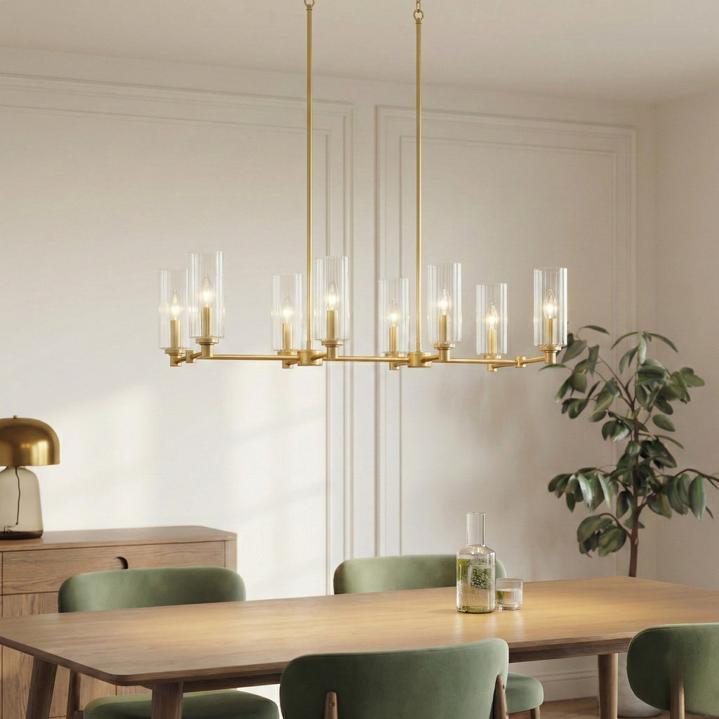 Willow Eight Lights Island With Clear Ribbed Glass Pendant Lamp - Satin Brass