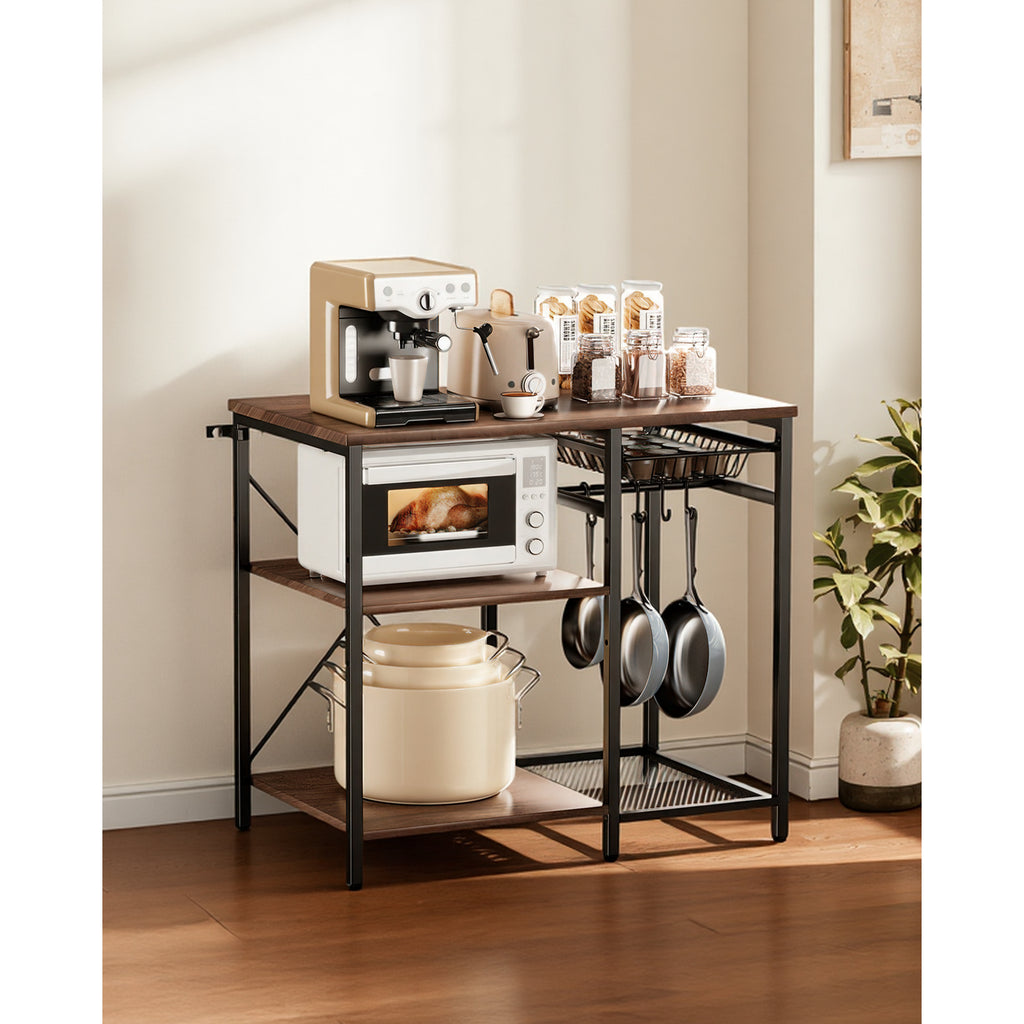 Kitchen Bakers Rack, 35.4 inch Width Bakers Rack, Kitchen Stand with X-Shaped Support Bar, 5 S-Shaped Hooks, Multi-Layer Storage Shelf, Coffee Bar Stand for Dishes & Bowls, Spice Bottles