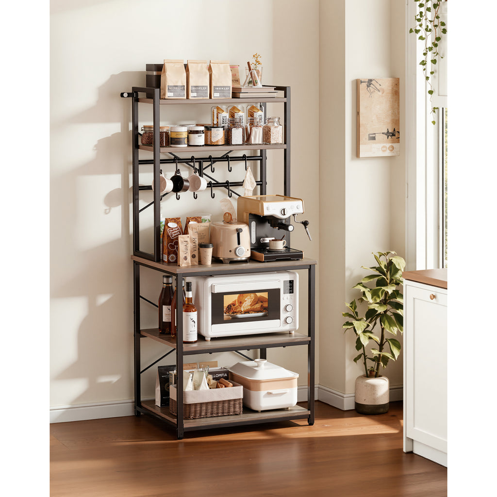 Kitchen Bakers Rack, 23.6 inch Width Bakers Rack, Kitchen Stand with X-Shaped Support Bar, 12 S-Shaped Hooks, Double-Layer Top Shelf, Coffee Bar Stand for Dishes & Bowls, Spice Bottles