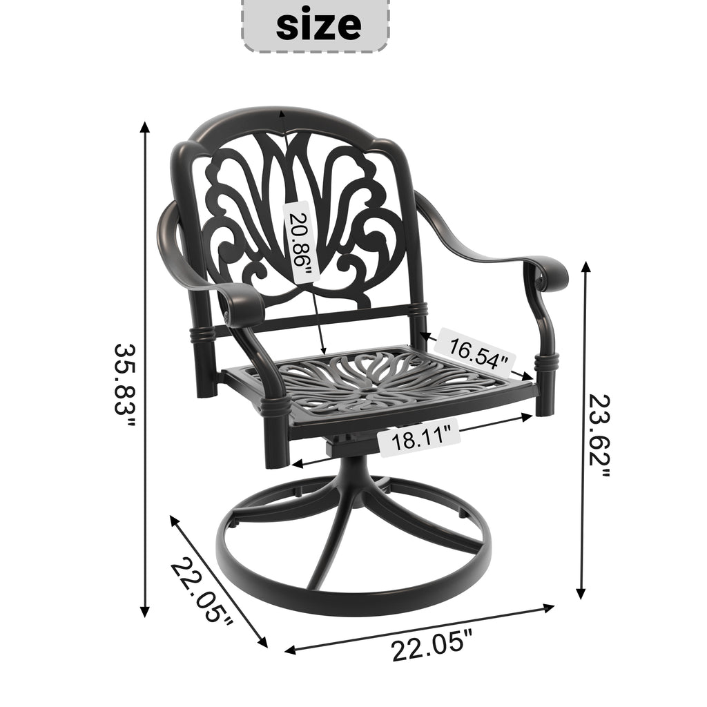 Cast Aluminum Patio Swivel Chair 2PCS With Black Frame and Brown Cushions