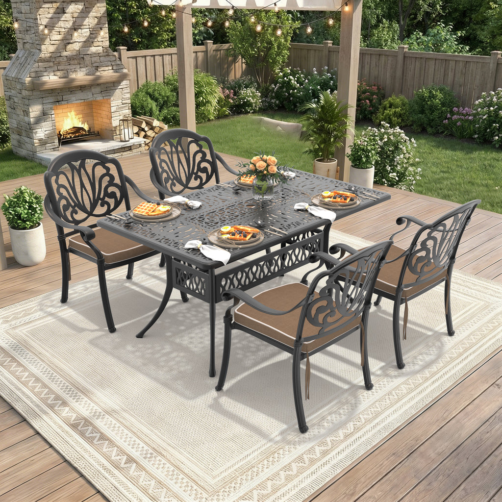 L58.27*W34.65-inch Cast Aluminum Patio Dining Table With Black Frame and Umbrella Hole (same sku: W171084481)