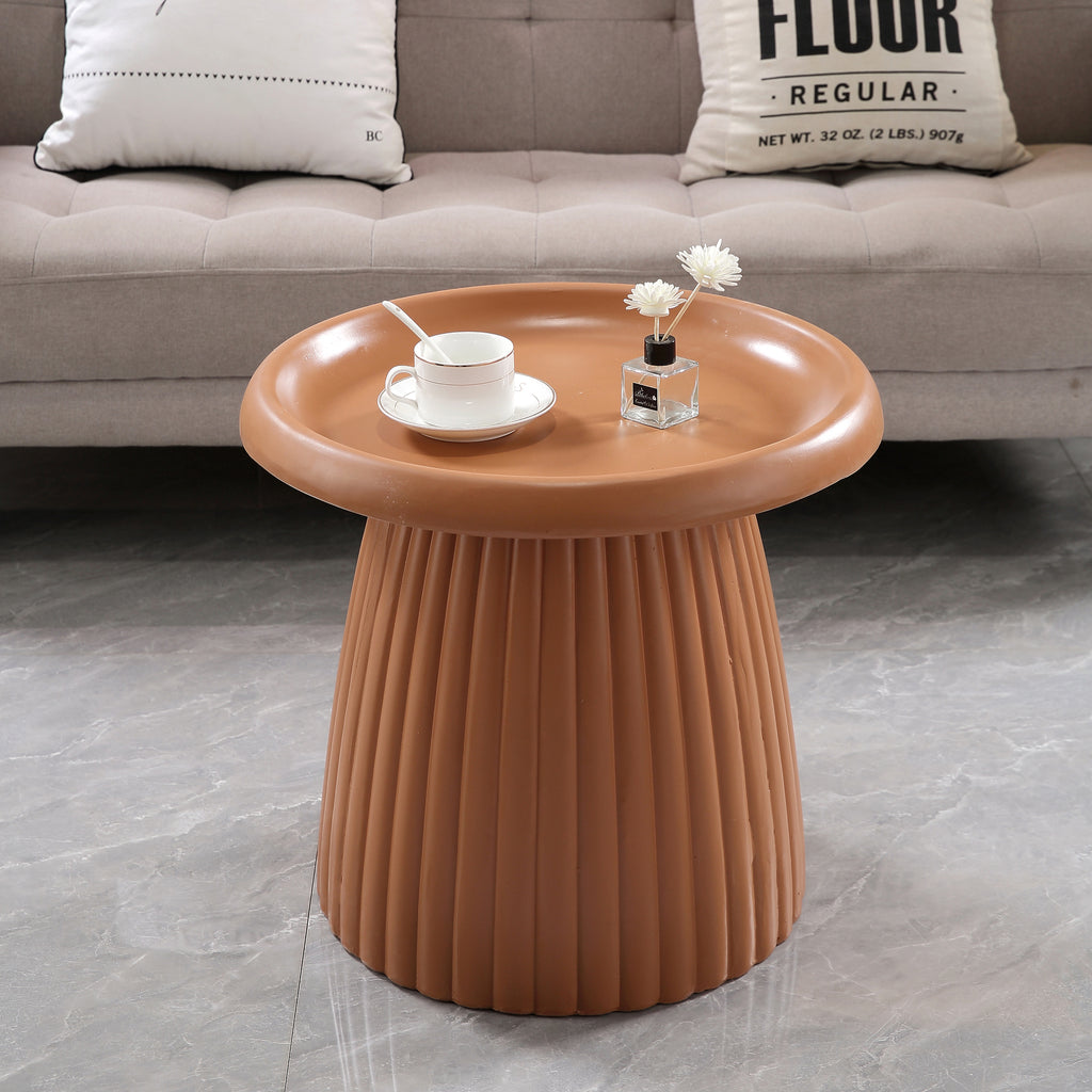 Light Coffee Magnesium Oxide Fluted Base Side Table, 17.72" Diameter Round Accent Table