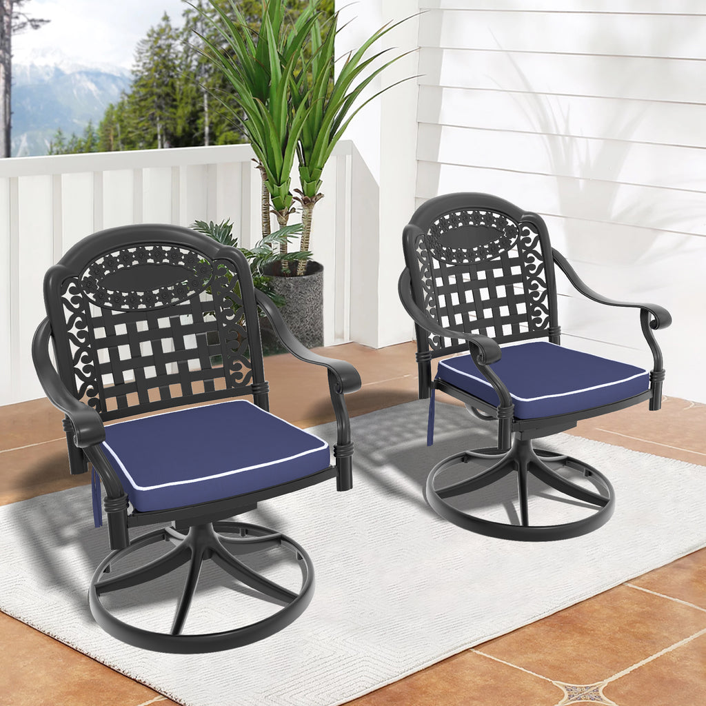 Cast Aluminum Patio Swivel Chair 2PCS With Black Frame and Brown Cushions