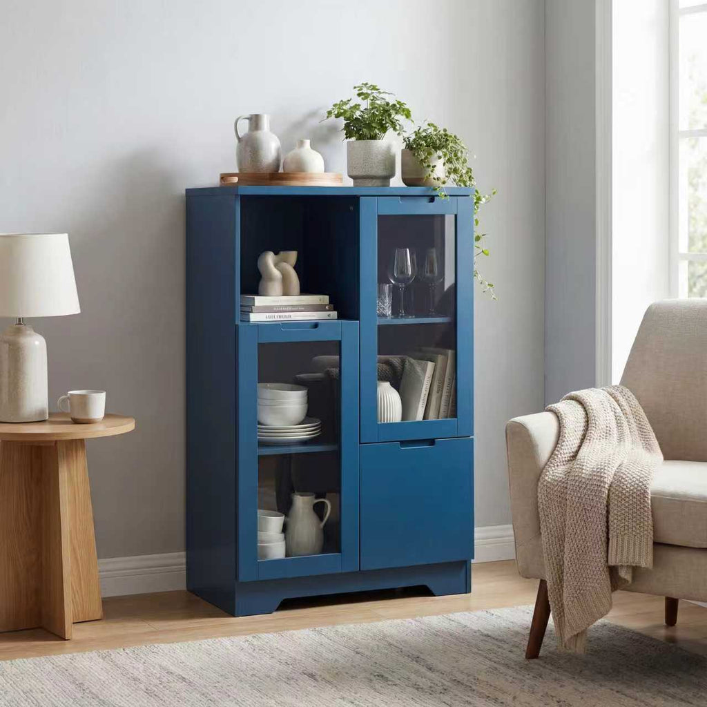 MDF painted Cabinet with Glass Doors and drawer, open storage space, Navy Blue, Bedroom, Living room
