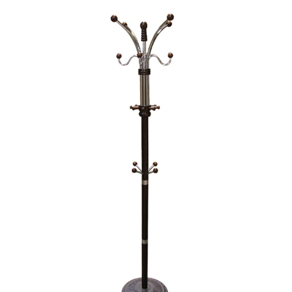 73" Tall Chrome and Wood Coat Rack, Espresso finish