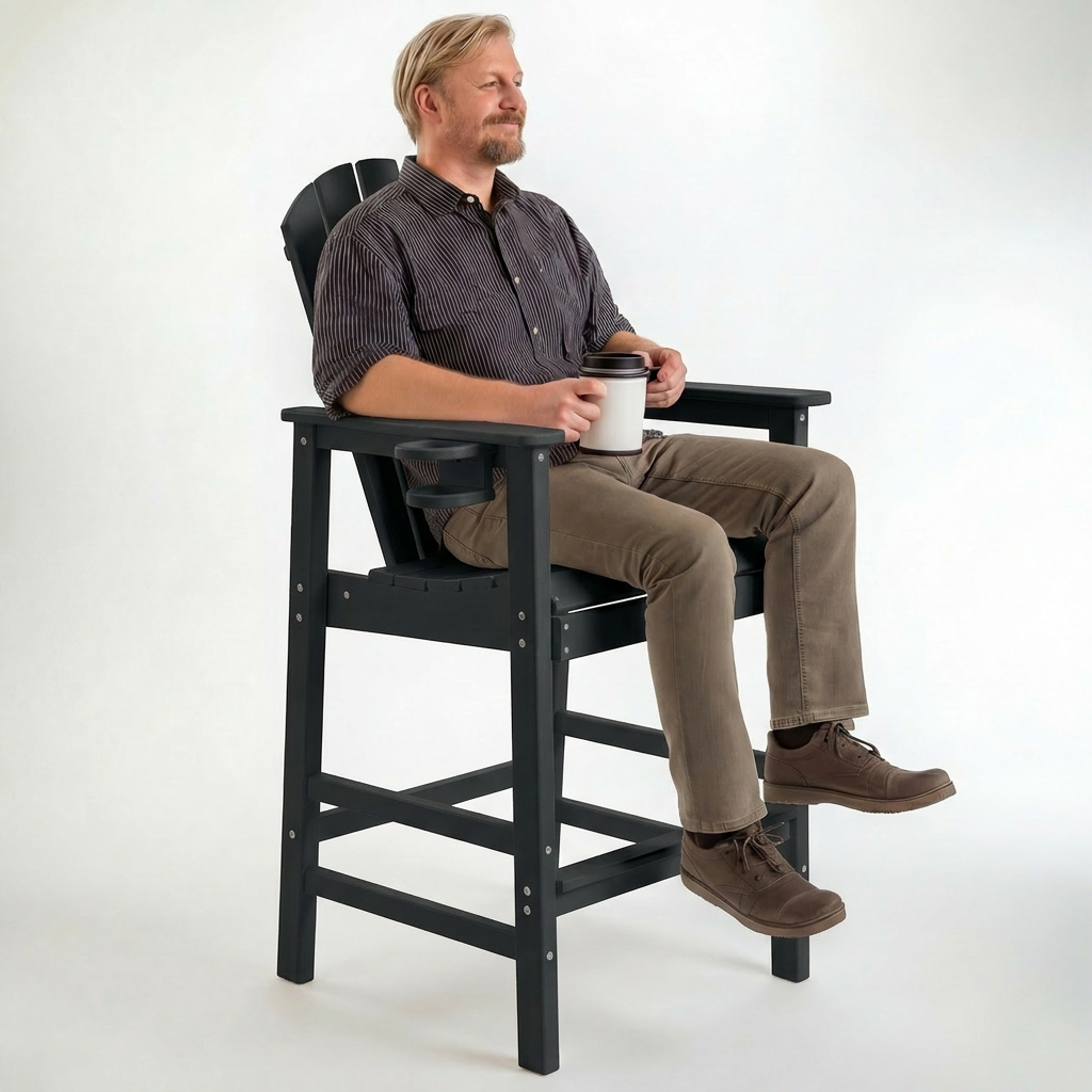 HDPE Bar Height Adirondack Chair with Cup Holder, All-Weather Outdoor Patio Bar Chair with Armrests 1 Piece(BK)