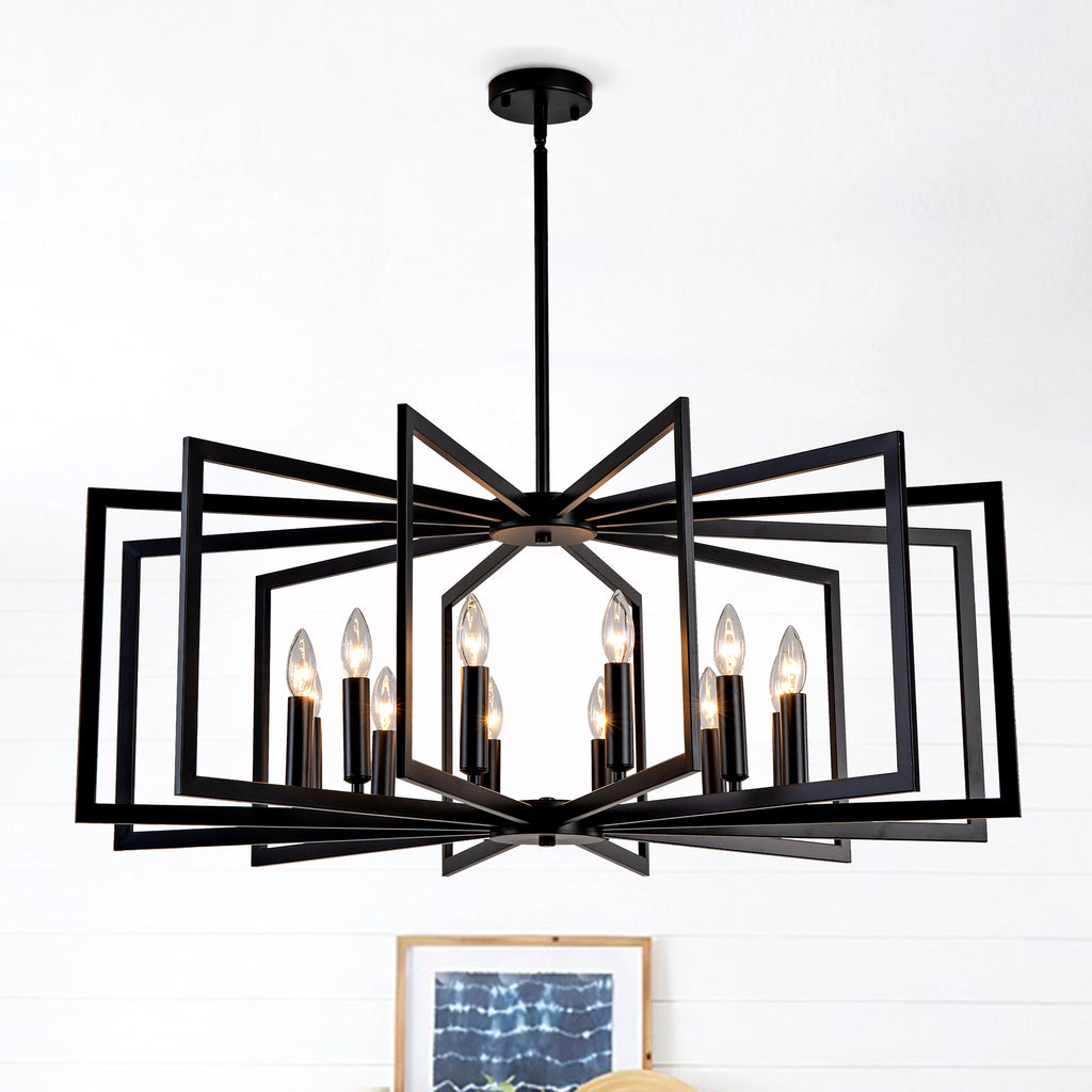 10-Light Metal Lantern Tiered Pendant Hanging Light Fixtures, Industrial Farmhouse Adjustable Height Chandeliers for Dining Room Hallway Foyer Entryway--Matte Black (E26 Bulbs Not Included)