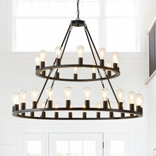 Load image into Gallery viewer, 52 Inch Black Extra Large Wagon Wheel Chandelier, 2 Tier 36-Lights (24+12) +(12+24) Farmhouse Industrial Round High Ceiling Pendant Light Adjustable Chain, for Dining Room, Living Room,Kitchen