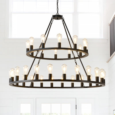 52 Inch Black Extra Large Wagon Wheel Chandelier, 2 Tier 36-Lights (24+12) +(12+24) Farmhouse Industrial Round High Ceiling Pendant Light Adjustable Chain, for Dining Room, Living Room,Kitchen