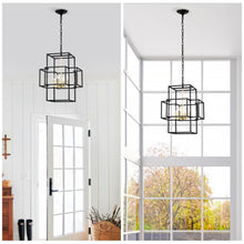 Load image into Gallery viewer, 4-Light Metal Lantern Tiered Pendant Hanging Light Fixtures, Industrial Farmhouse Adjustable Height  Chandeliers for Dining Room Hallway Foyer Entryway--Matte Black &amp; Gold (E12 Bulbs Not Included)